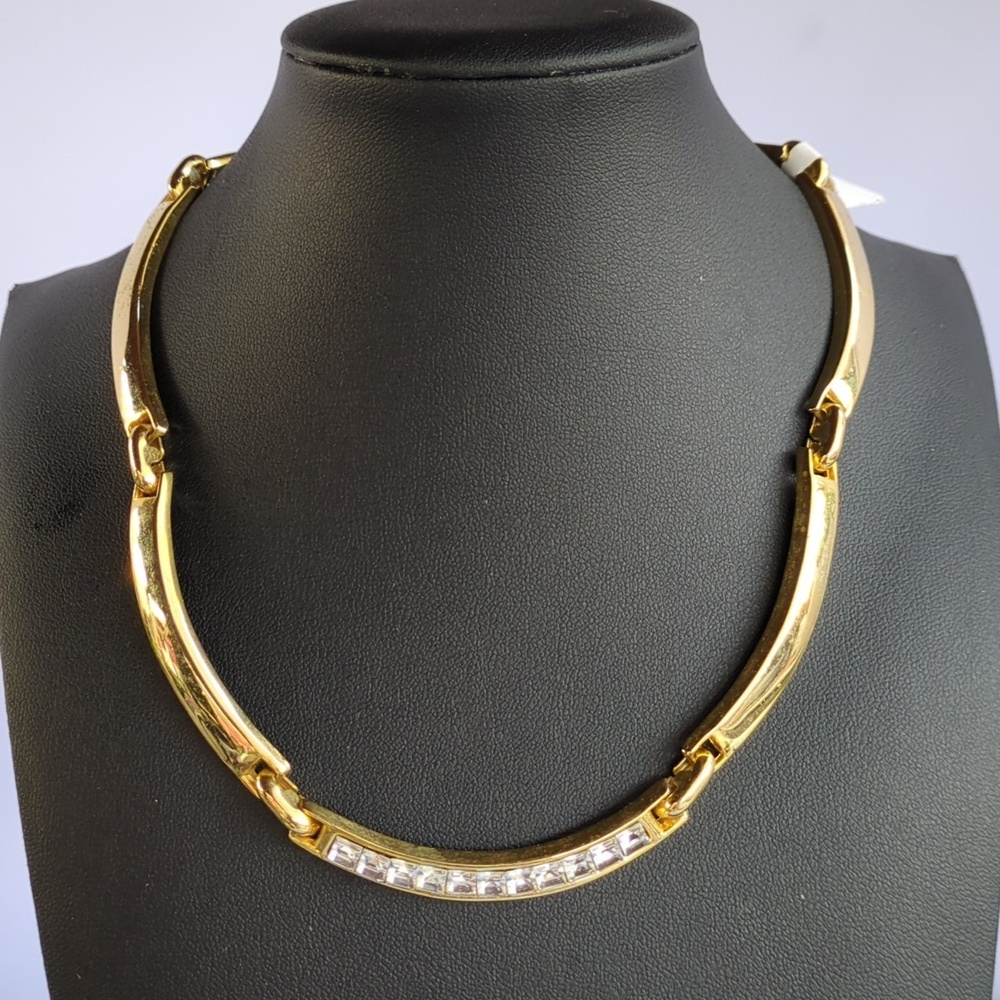 Vintage 70s Gold Bar Link Collar Necklace Rhinestone
